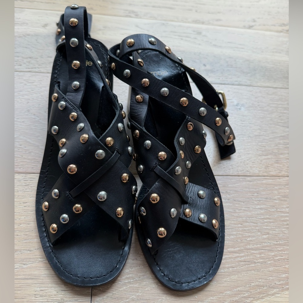 maje Black Leather Studded Ankle Strap Sandals Size 39 Chunky Heel